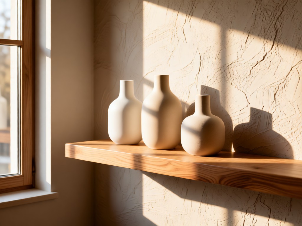Three minimalist ceramic vases on a floating oak shelf. Warm sunlight streams through adjacent window, casting soft shadows. Textured wall backdrop. Clean Scandinavian aesthetic. No people.