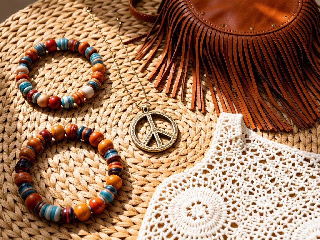 Flat lay of bohemian accessories on woven rug: beaded necklaces, leather fringe bags, and crochet tops. Soft sunlight accentuates textures and natural dyes. Peace sign pendant stands out. No people.
