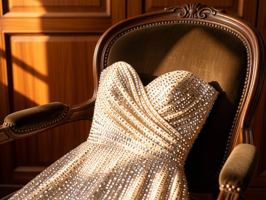 Close-up of a sequined prom dress bodice draped over an antique velvet chair. Soft afternoon sun highlights texture and sparkle. Warm wood tones in background. No people.