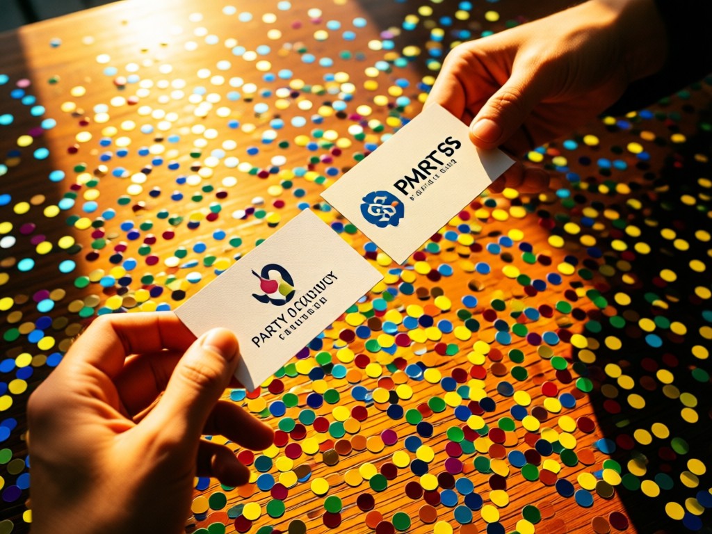 Overhead shot of hands exchanging business cards on confetti-sprinkled table. Golden hour light highlights texture. Cards show party industry logos. No visible faces.