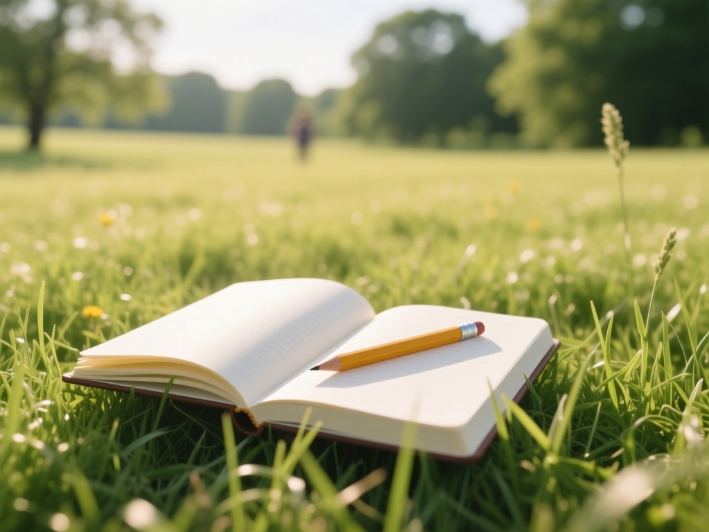 A single open notebook centered in a sunlit field of grass. A pencil rests on its pages. The scene symbolizes simplicity and fresh starts. Soft focus on distant trees. No people.