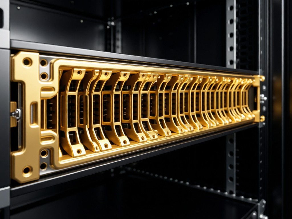 A single perfectly aligned server blade slot in an empty rack. Golden light highlights the intricate metal guides and mounting holes. Symbolizes precision and scalability.