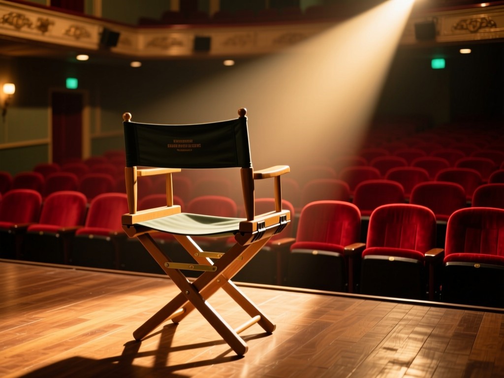 A vintage director's chair in an empty theater during golden hour, spotlight beam illuminating the seat, soft shadows on wooden stage, red velvet seats in background, cinematic atmosphere, no people.