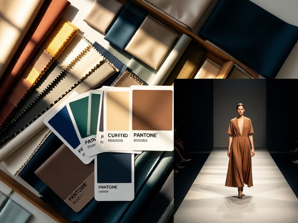 A curated mood board featuring fabric swatches, Pantone chips, and a miniature runway model. Natural light creates depth. No people.
