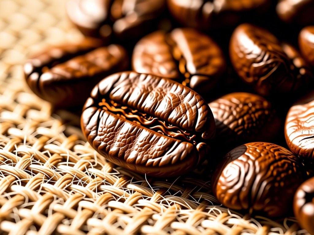 Macro shot of coffee beans on burlap, showing intricate textures and warm brown gradients. Shallow depth of field with soft morning light. No people.