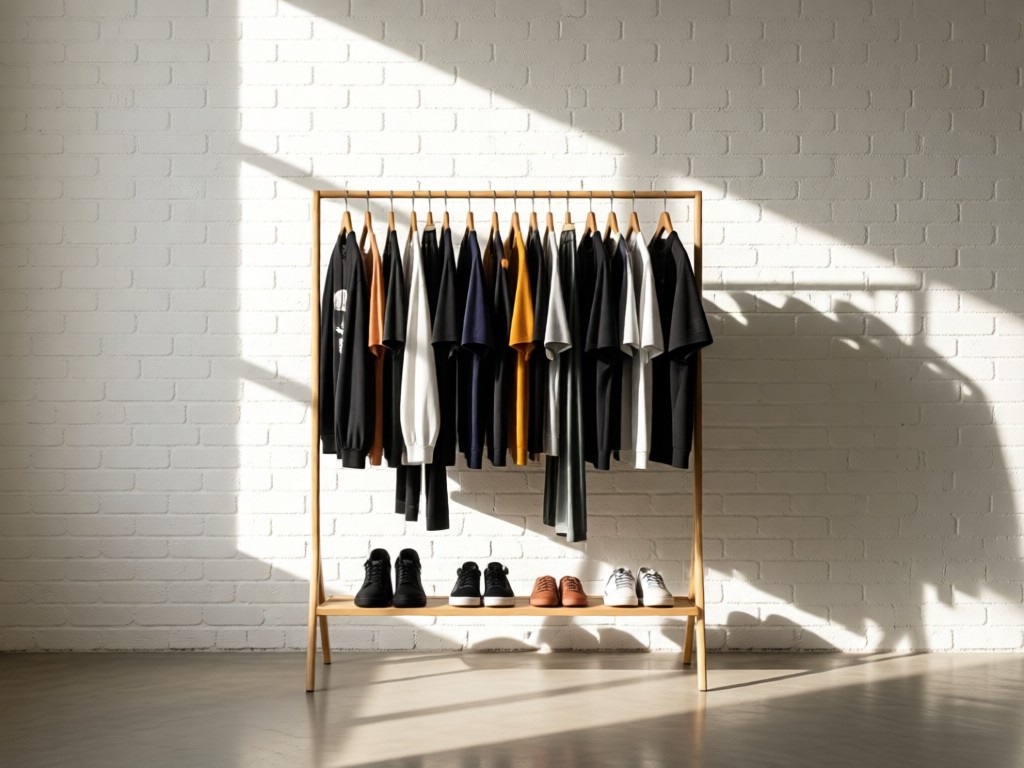 Minimalist clothing rack with curated streetwear pieces against white brick wall. Soft shadows. Morning light creating depth. No people.