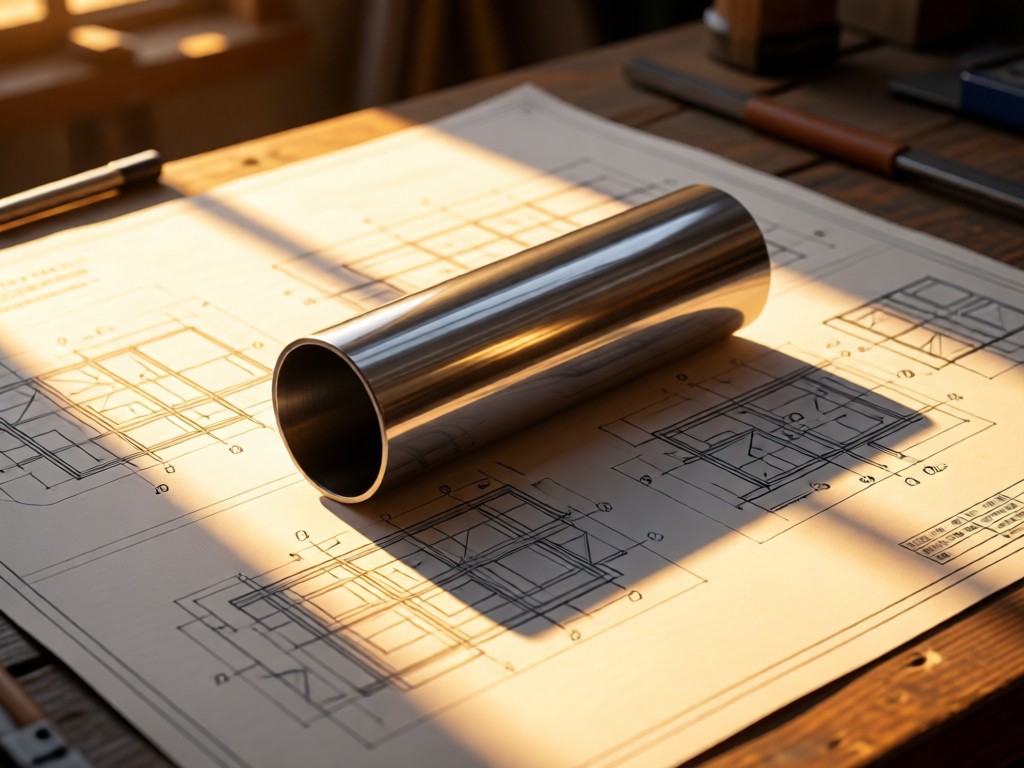 A single perfectly formed titanium tube resting on fresh engineering schematics in a sunlit workshop. Golden hour light creates long shadows across technical drawings. Symbolizes precision meeting opportunity. No people.