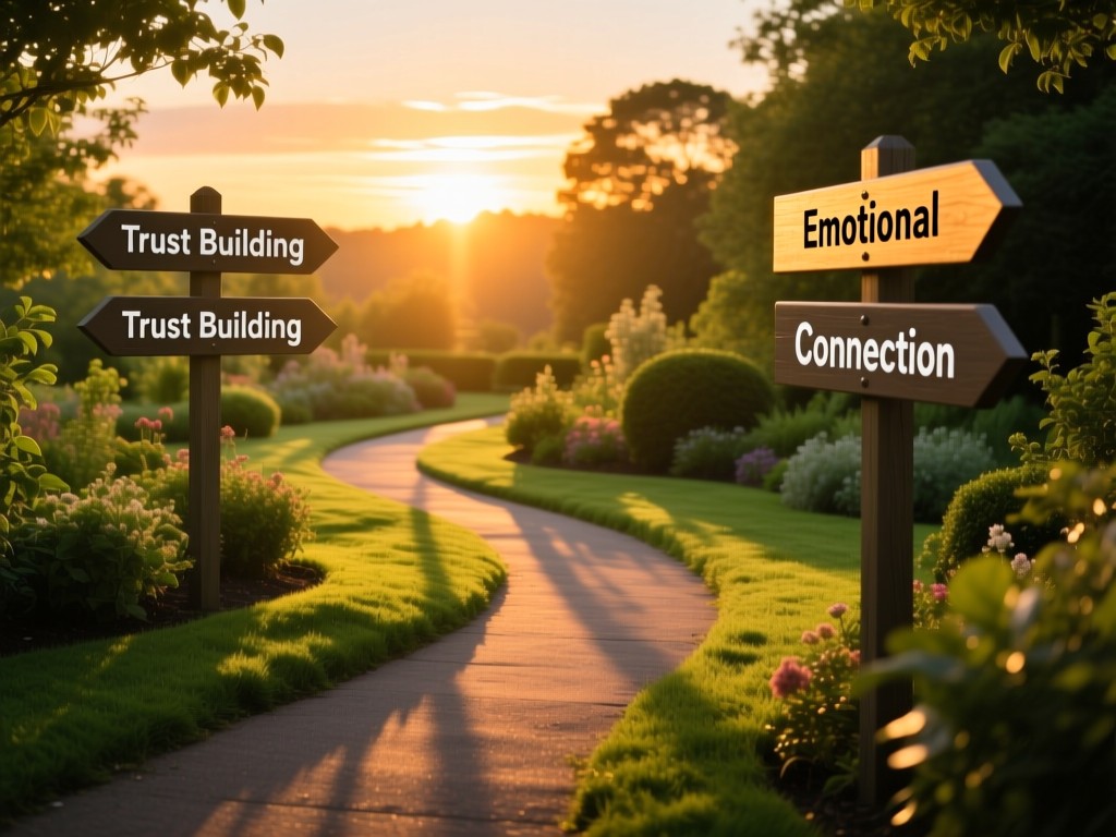 A winding garden path at sunset with signposts labeled 'Trust Building' and 'Emotional Connection', golden hour lighting casting long shadows, vibrant greens, symbolic of guidance, no people.