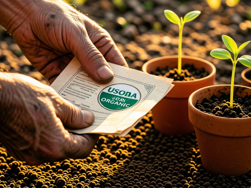 Close-up of weathered hands holding USDA Organic seal documentation. Golden light falls on paper beside sprouting seedlings in terracotta pots. Soft soil textures. No faces visible.
