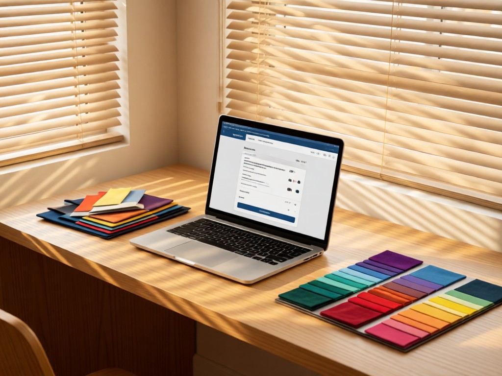 A minimalist desk with a laptop showing a checkout page beside colorful fabric samples. Soft afternoon light through window blinds. No people.