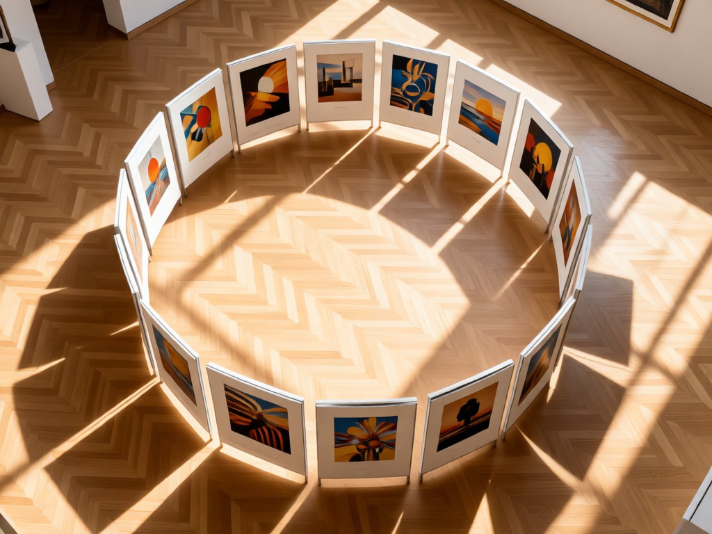 An aerial view of art prints arranged in a sunlit circle on a light oak floor. Each print faces outward like a gallery display. Soft shadows create depth. No people.