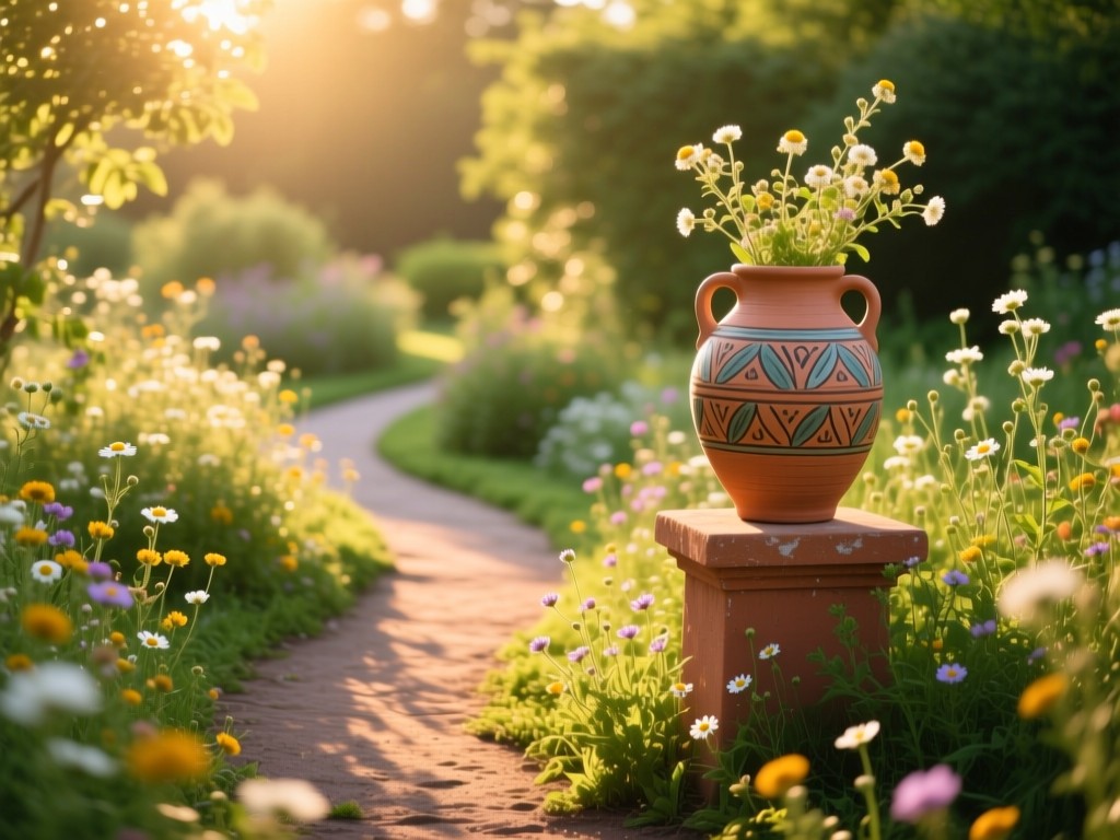 A winding garden path through sun-dappled wildflowers leading to a handcrafted ceramic vase on a pedestal. Golden hour lighting, soft shadows, vibrant greens and terracotta tones.