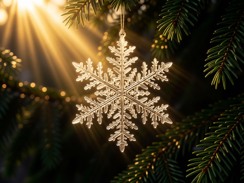 Single intricate snowflake ornament suspended in a sunbeam against dark evergreen foliage. Symbolizes focus and craftsmanship. Golden hour lighting. No people.