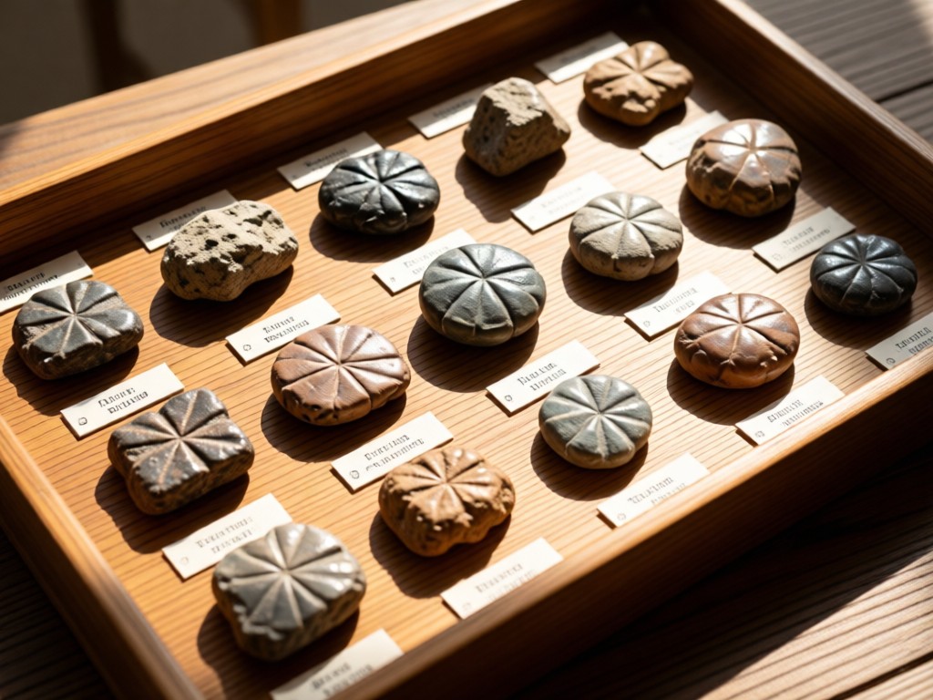 A curated display of polished fossil specimens on a sunlit wooden tray. Each fossil is neatly labeled with miniature tags. Soft shadows emphasize depth. No people.