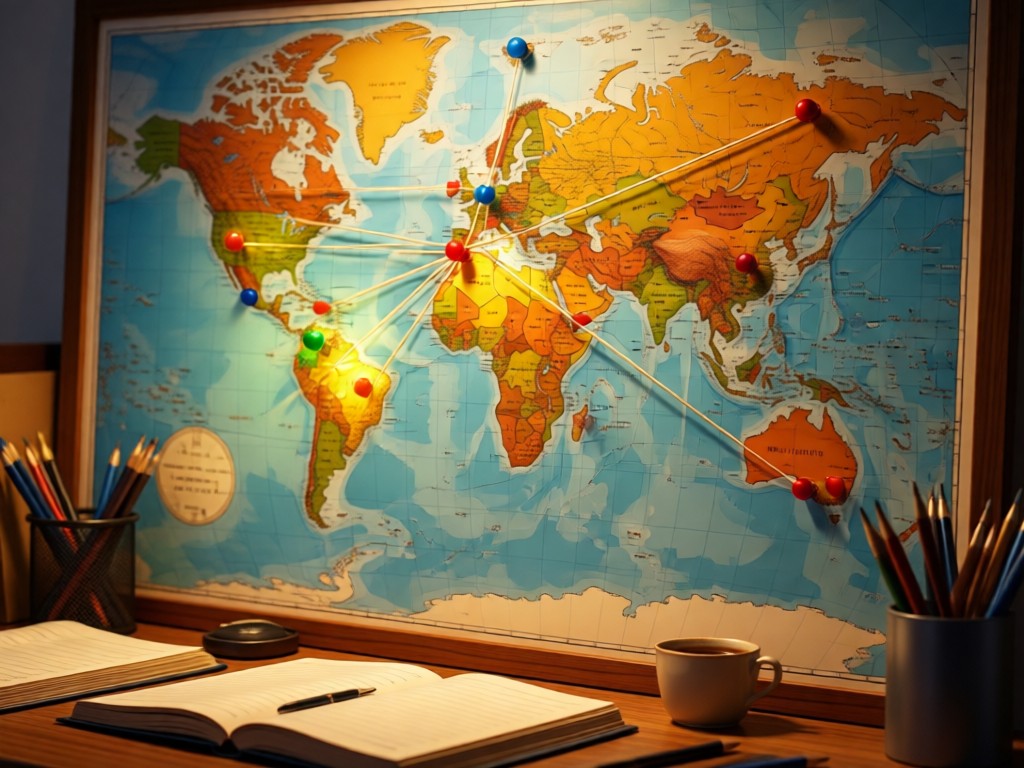A close-up of a world map pinboard with colorful location markers connected by strings. Warm light creates depth. Deskscape style. No people.