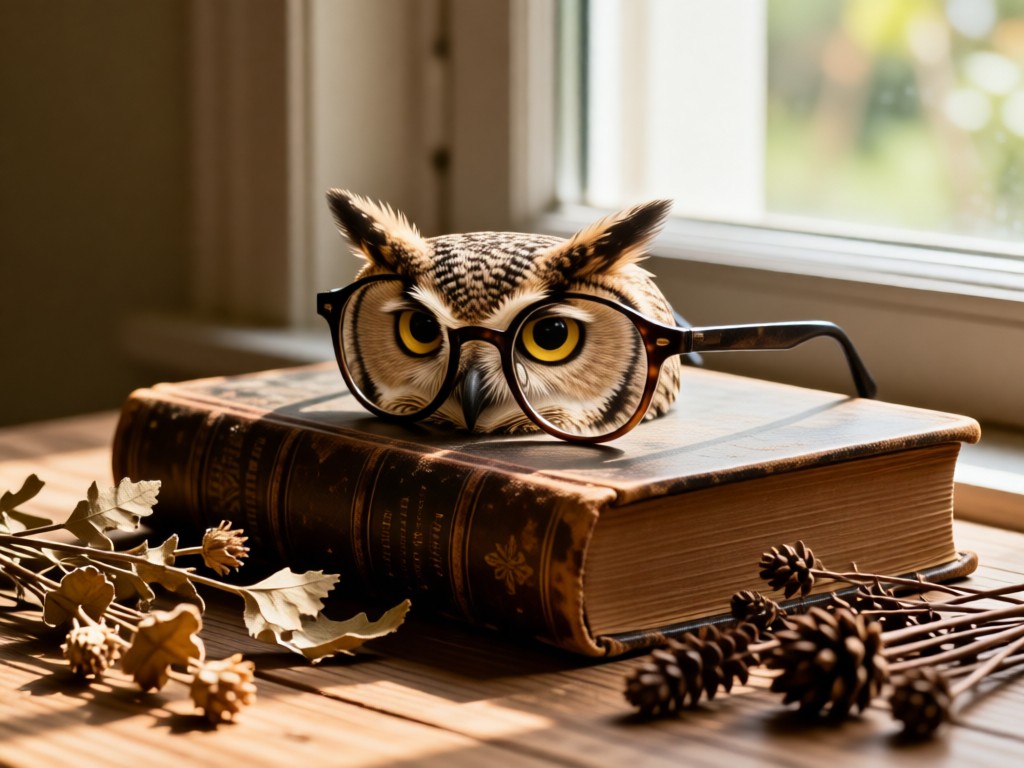 Owl glasses draped over an antique book beside dried botanicals. Soft window light creates depth on vintage textures. Earthy color palette. No people.