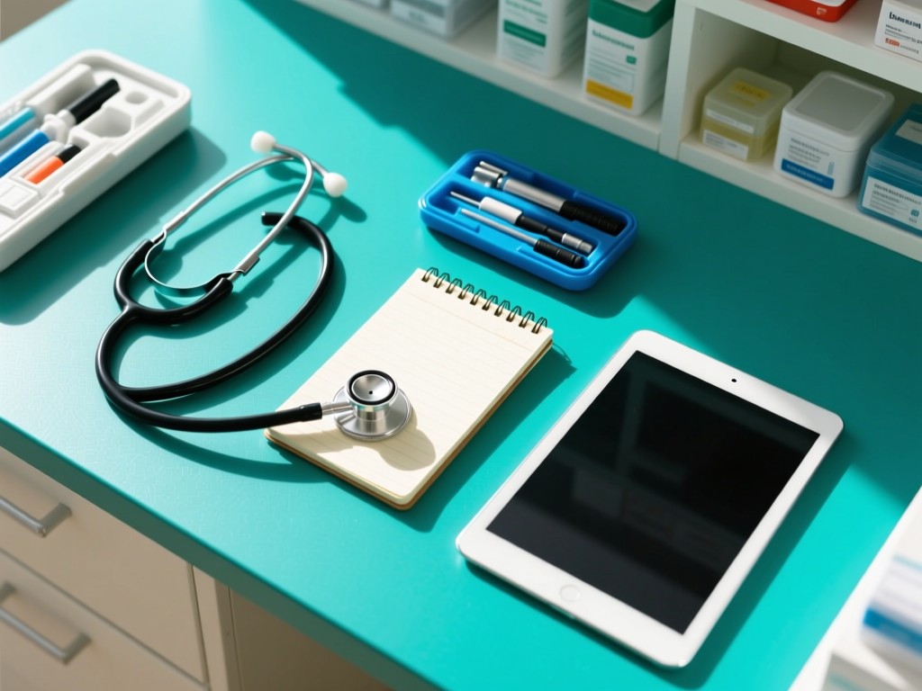 An aerial view of a neatly organized pharmacist's toolkit: stethoscope, notepad, and digital tablet arranged on a teal surface. Sunlight creates soft shadows. Symbolizes having essentials in one place. No people.