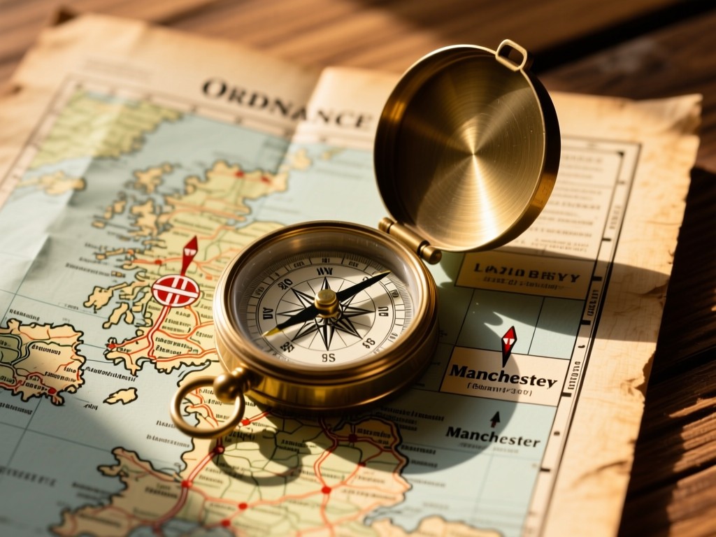 A vintage compass resting on a weathered Ordnance Survey map of the UK. Sunlight highlights London and Manchester markers. Warm wooden background. No people.