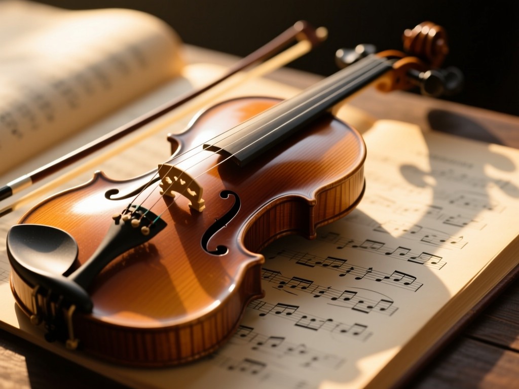 A vintage violin resting on sheet music during golden hour, soft sunlight highlighting wood grain, shallow depth of field, warm tones, minimalist composition, no people.