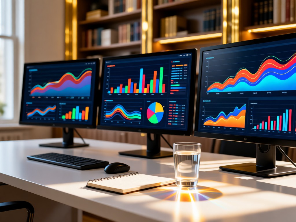 A clean desk with three aligned monitors displaying colorful data charts. A glass of water refracts sunlight onto a notebook. Blurred bookshelf background with gold accents.