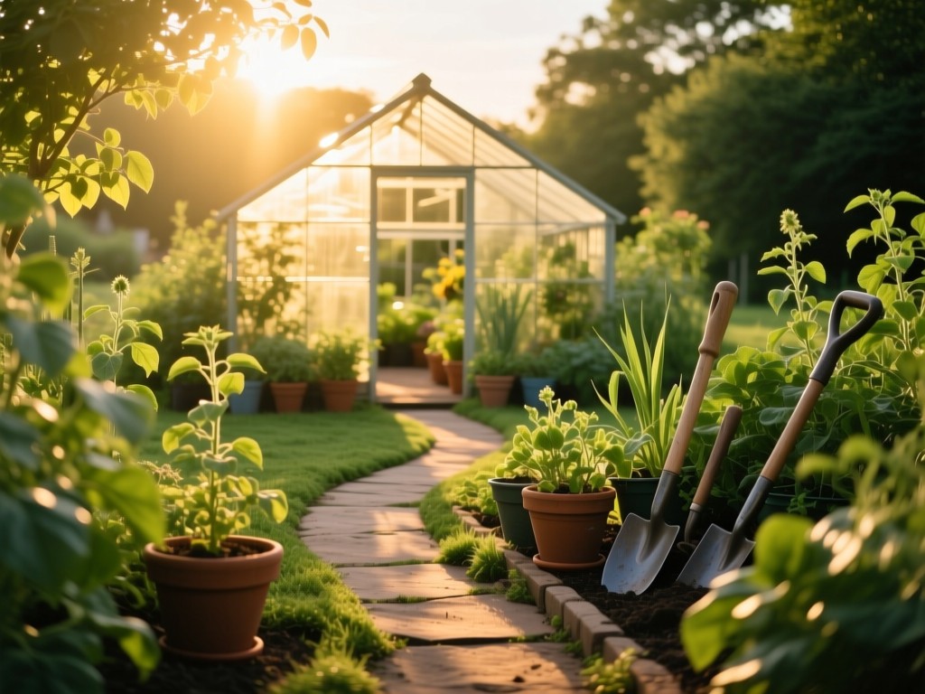 A winding garden path leading to a sunlit greenhouse, golden hour glow on potted plants and tools. Symbolizes organic discovery, soft shadows, vibrant greens, no people.