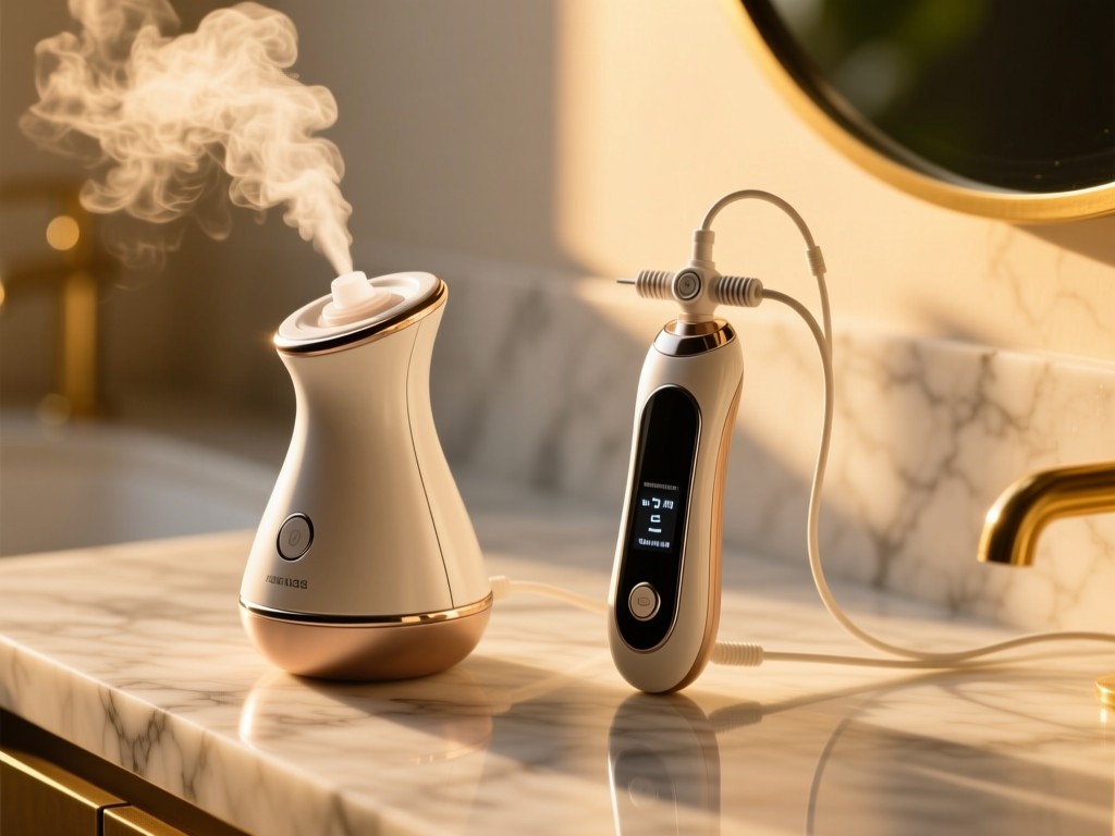 A sleek facial steamer and microcurrent device arranged on a marble surface during golden hour, soft sunlight highlighting textures, shallow depth of field, warm natural lighting, minimalist composition.