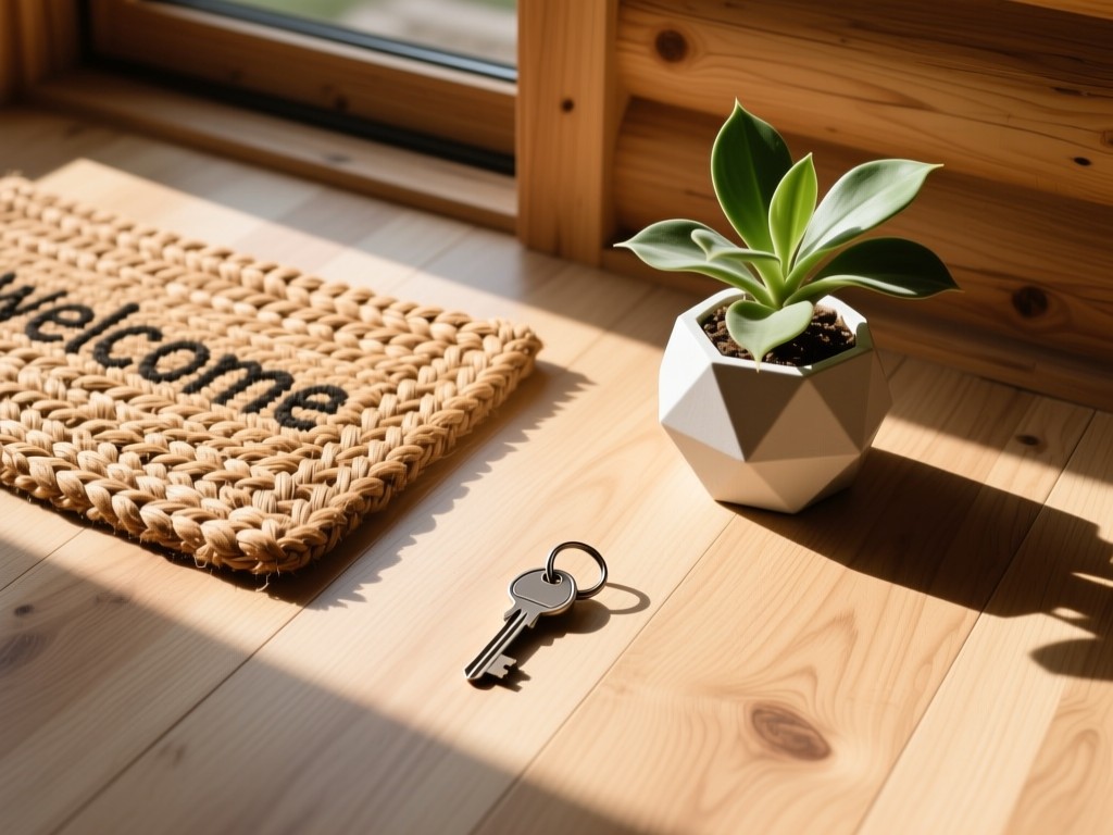 Minimalist flat lay of a rustic cabin key, woven welcome mat, and geometric houseplant on light oak flooring. Soft afternoon sun creates warm highlights and long shadows. Clean composition with natural textures. No people.