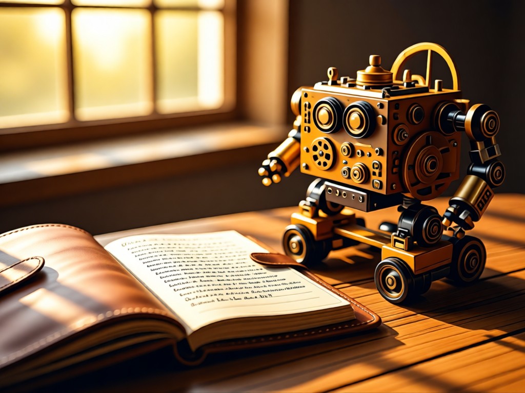 Open leather notebook beside a half-assembled mechanical toy. Shallow depth of focus highlights handwritten notes. Golden light through nearby window. No people.