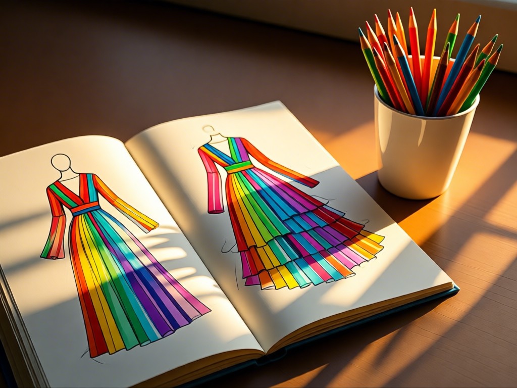 An open fashion sketchbook showing rainbow garment designs beside a cup of colorful pencils. Golden hour light streams across the pages creating warm shadows. No people.