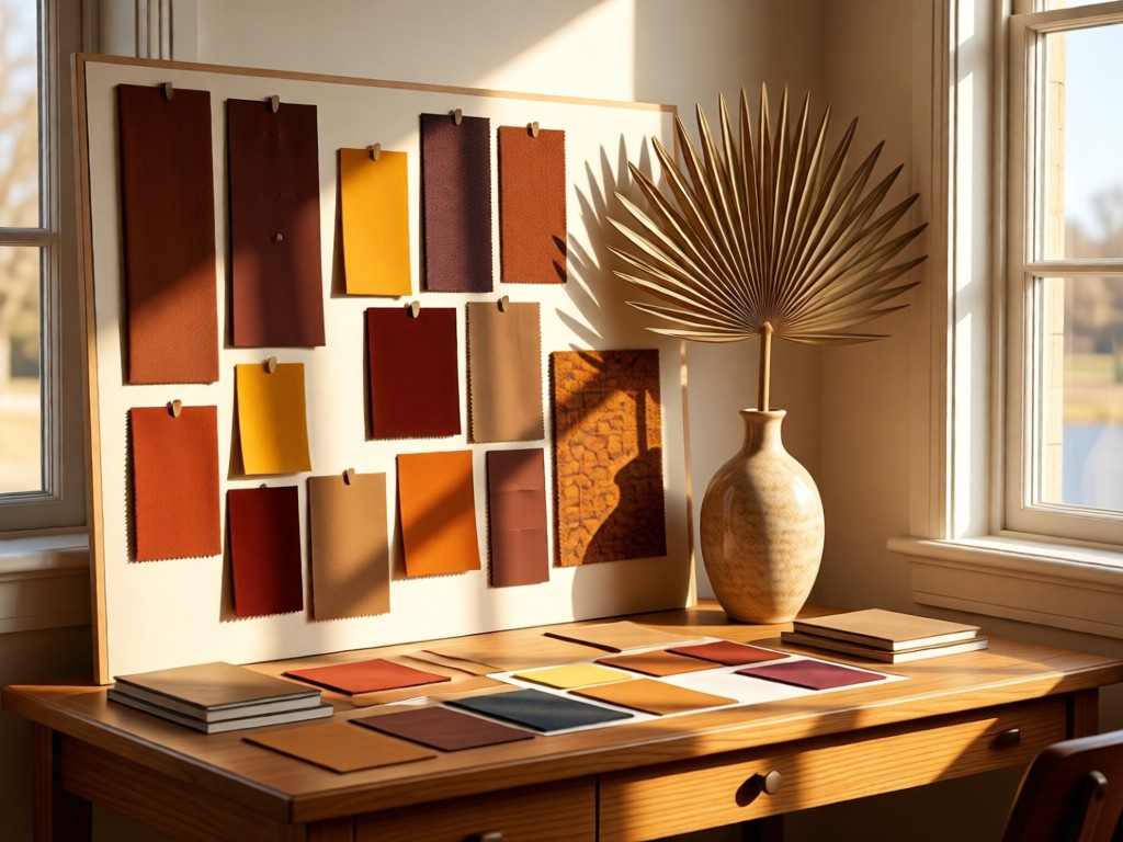 A neatly arranged desk with a mood board featuring fabric swatches in rich earth tones. A ceramic vase holds a single dried palm leaf. Warm sunlight streams across the composition from a side window. No people.