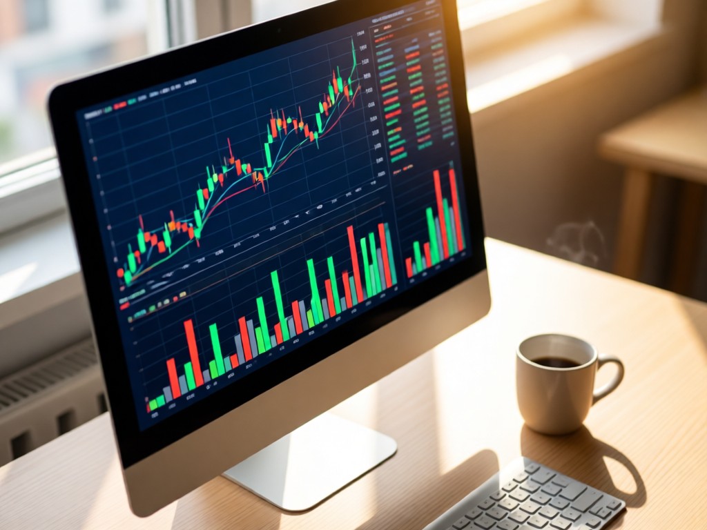 An angled view of a modern monitor displaying colorful financial charts. Soft focus on a coffee cup beside it. Natural light creates warm highlights. Clean desktop with no distractions. No people.