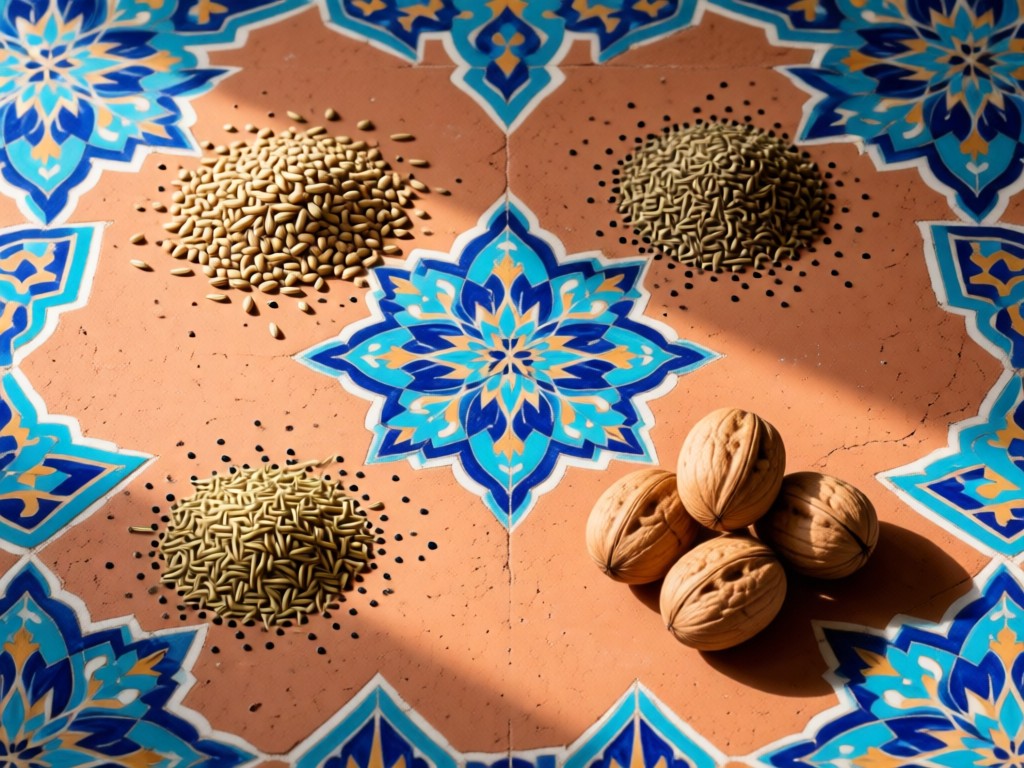 Aerial view of traditional Persian blue-tile pattern with key ingredients: dried fenugreek, advieh spice blend, and fresh walnuts placed intentionally. Soft shadows on terracotta surface. Symbolizes organized cultural presentation. No people.