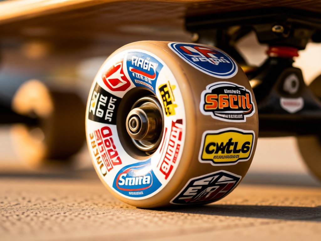 A close-up of skateboard wheels with sponsor stickers in warm afternoon light. Shallow focus highlights sticker details. No people.