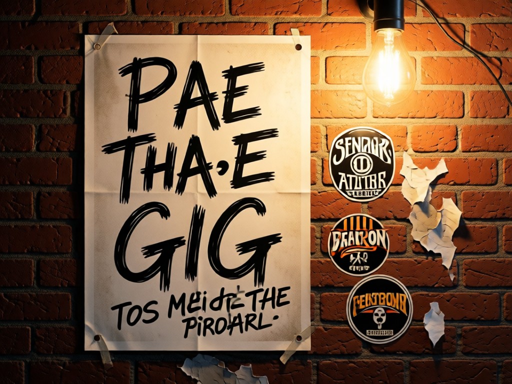 Pinned handwritten gig poster on brick wall beside peeling band stickers. Warm bulb light highlights staple holes. No people.