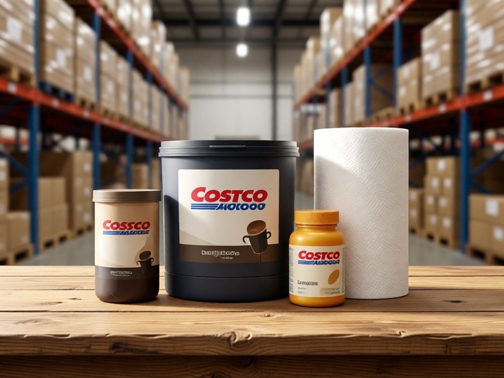 Minimalist arrangement of Costco-sized products (coffee tub, vitamins, paper towels) on a reclaimed wood surface. Soft morning light highlights quantity and quality. Blurred warehouse racks in background.