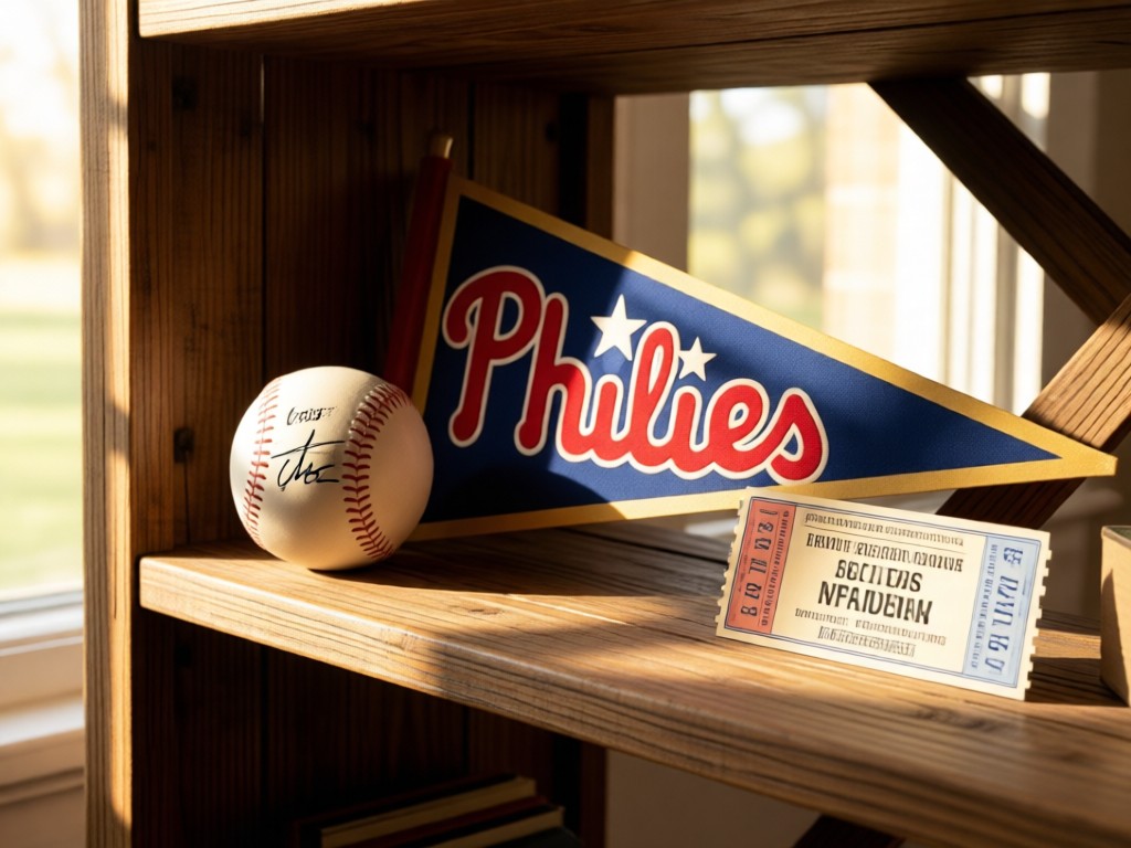 Carefully arranged Phillies collectibles: signed baseball, vintage pennant, and game ticket on a rustic wooden shelf. Soft window light creates warm highlights and shadows. No people.