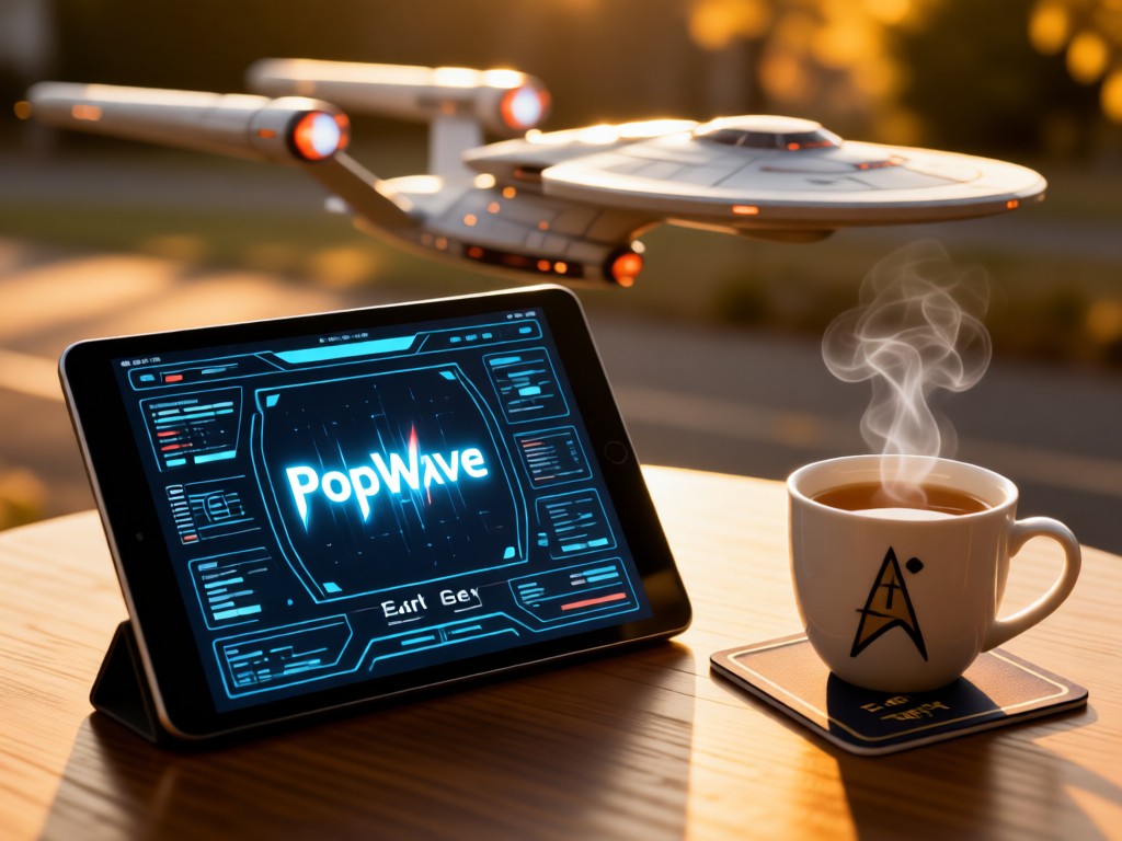 A sleek tablet displaying a PopWave LCARS-inspired interface. Next to it, a steaming Earl Grey tea cup sits on a Starfleet coaster. Soft focus on a model Enterprise-D in the background. Golden hour lighting.