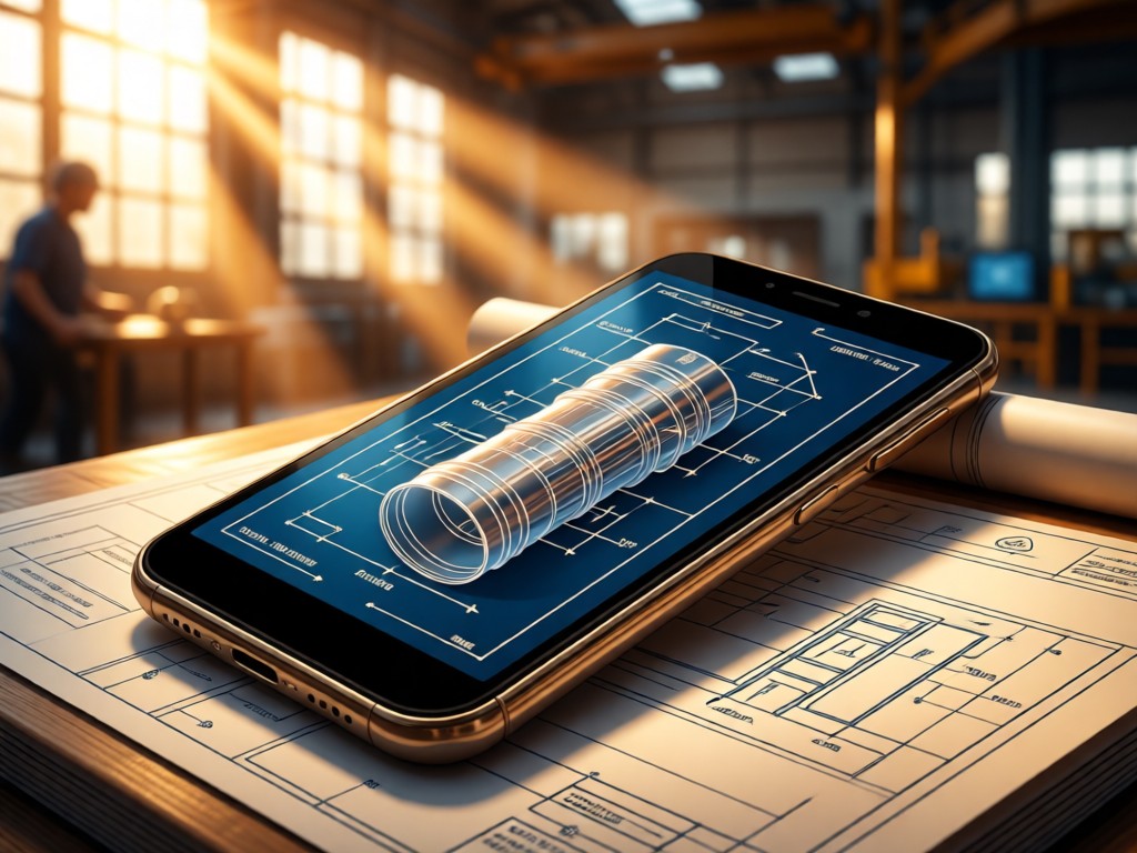 Smartphone displaying 3D pipe schematics on a blueprint. Sunlight filters through factory windows creating light beams. Warm tones with metallic accents. No people.
