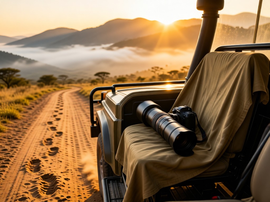 A safari jeep seat with a camera featuring a long lens, draped in khaki cloth. Dusty boot prints lead toward misty mountains. Golden sunrise. No people.