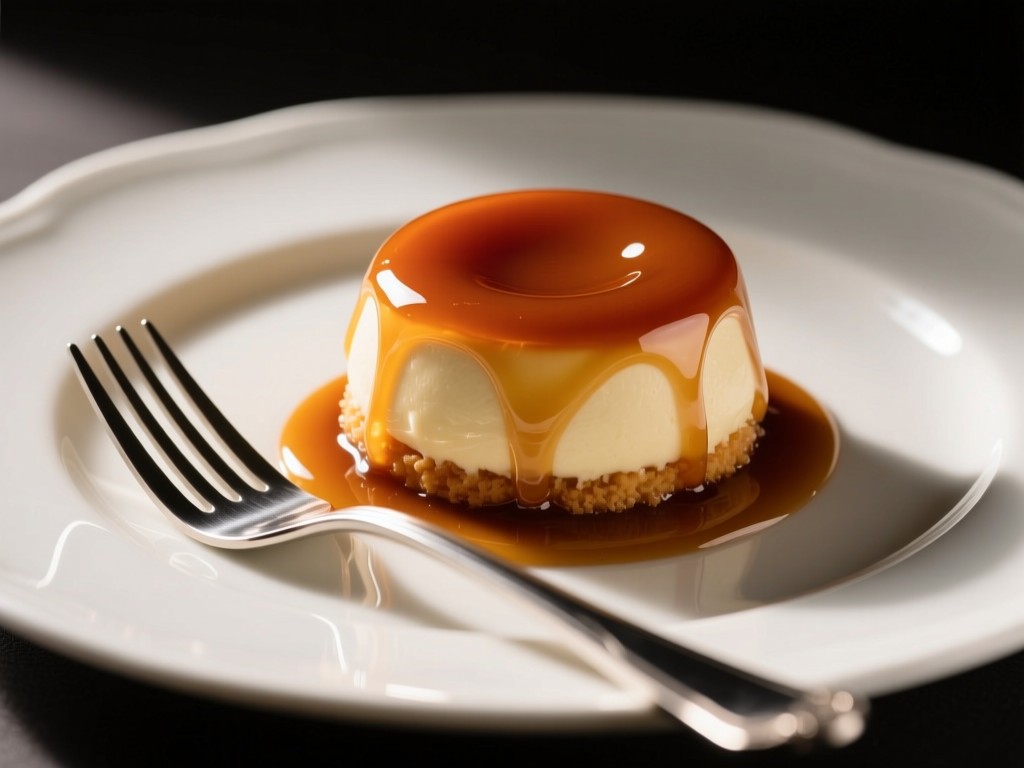 Professional food styling: a perfectly plated dessert with fork resting beside it. Softbox lighting creates mouthwatering highlights on the glaze.
