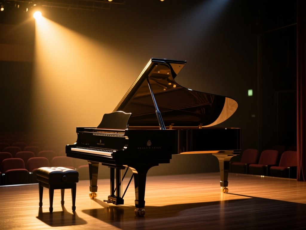 A grand piano center stage under a single golden hour spotlight, symbolizing focus and professionalism, warm glow, dramatic shadows, no audience.