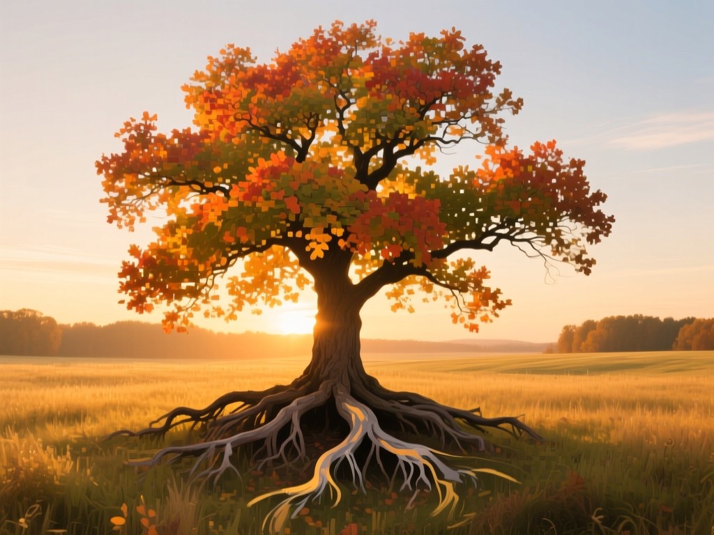 A single oak tree with vibrant autumn leaves standing in a golden-hour meadow, its roots spreading like brushstrokes, symbolizing artistic growth, warm sunset glow, soft shadows, no human elements.