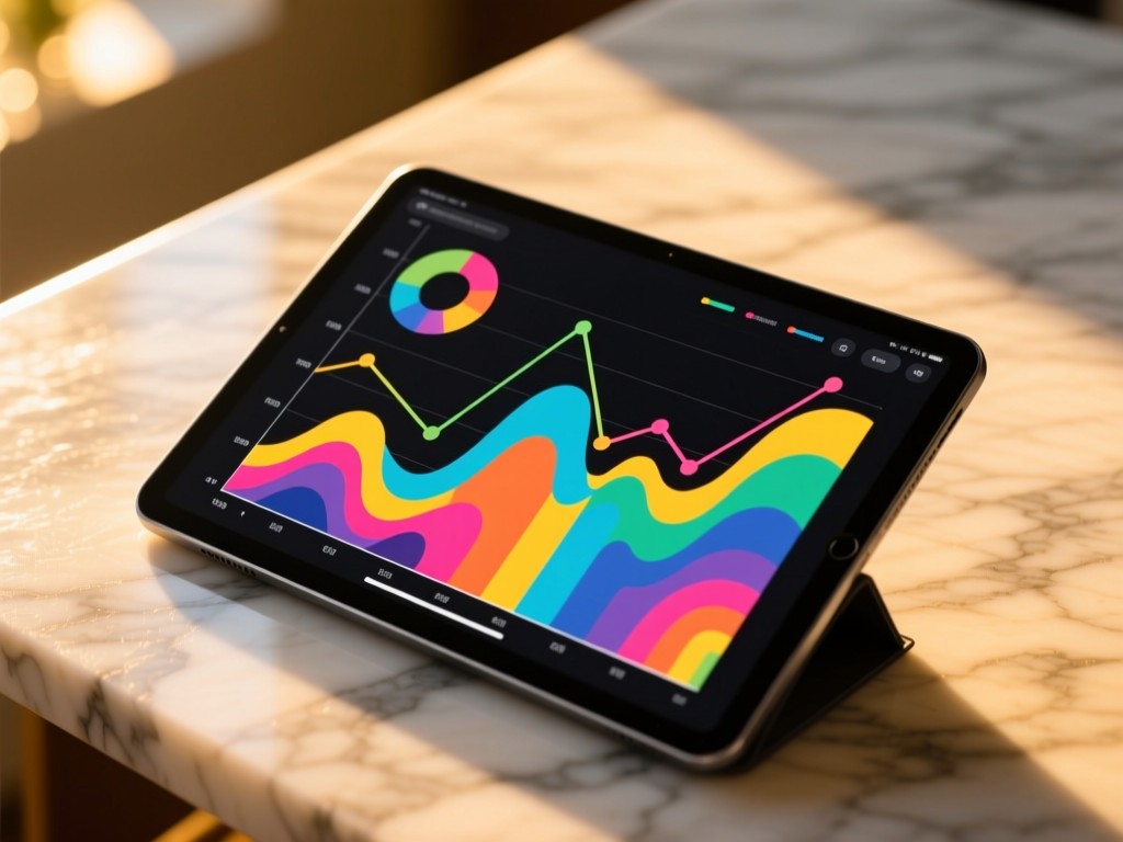 A modern tablet displaying colorful trending graphs against a marble surface during golden hour, abstract data visualization in vibrant pop art colors, soft sunlight, shallow depth of field, no text or people.