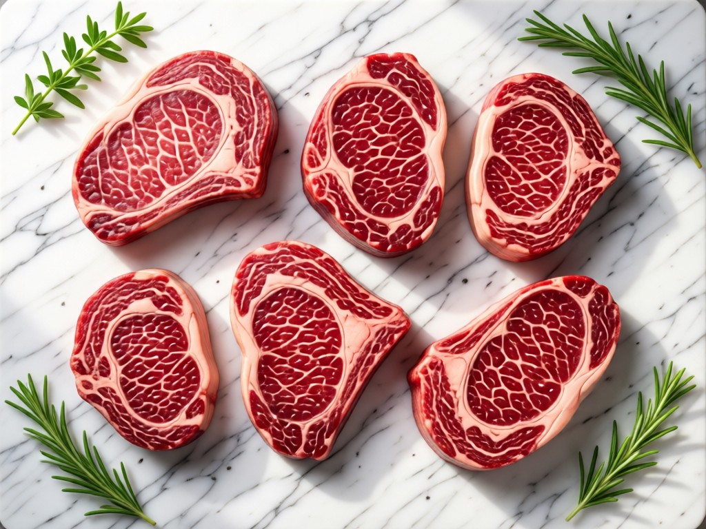 Overhead shot of a marble slab with perfectly arranged heritage breed steaks. Natural light enhances marbling and rich red tones. Fresh herbs scattered at edges. Clean, professional food styling. No people.