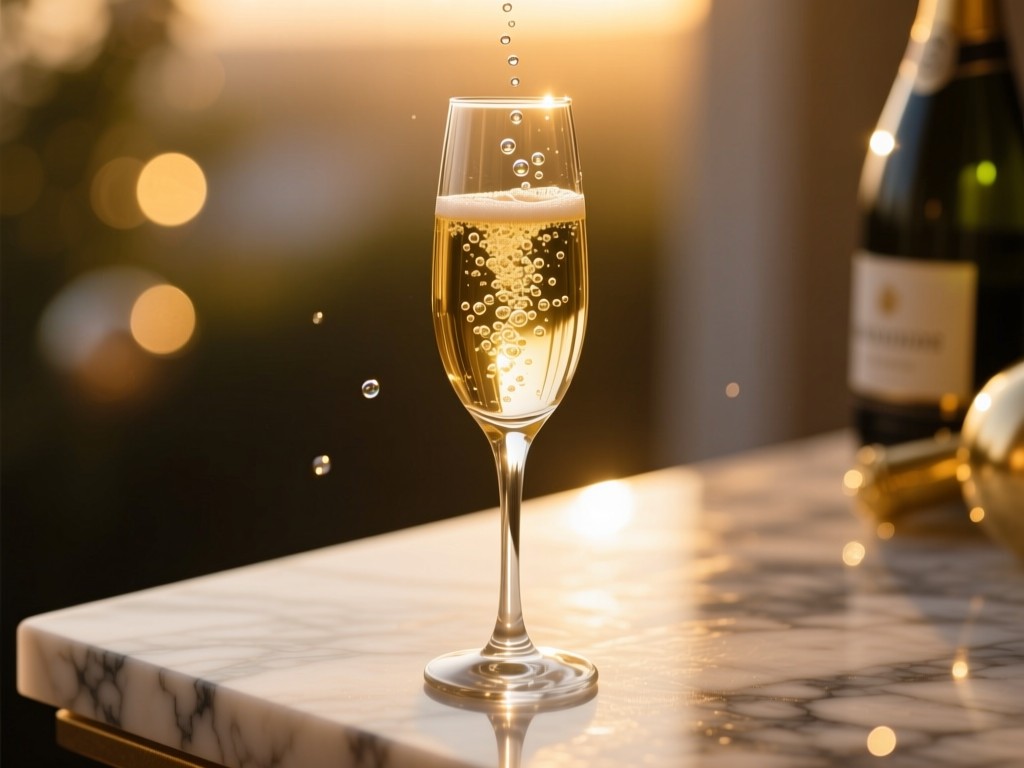 A single elegant champagne flute catching golden hour light on a marble surface, bubbles rising, soft bokeh background, symbolizing celebration and refinement.