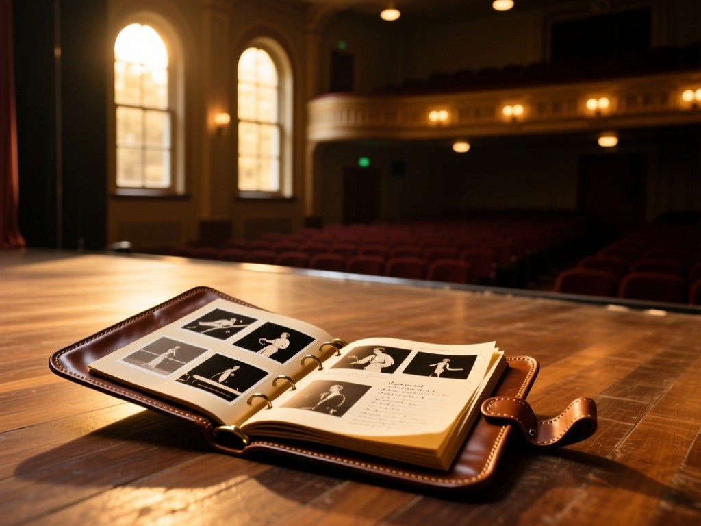 An open vintage leather portfolio on a wooden stage floor during golden hour, filled with performance stills and notes, soft sidelight from theater windows, shallow depth of field, warm tones, no people.