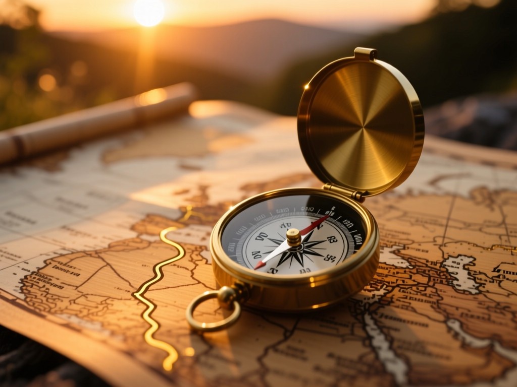 A compass on a wooden map during sunset, golden light highlighting exploration paths, shallow depth of field, warm natural tones, symbolic of discovery, no people.
