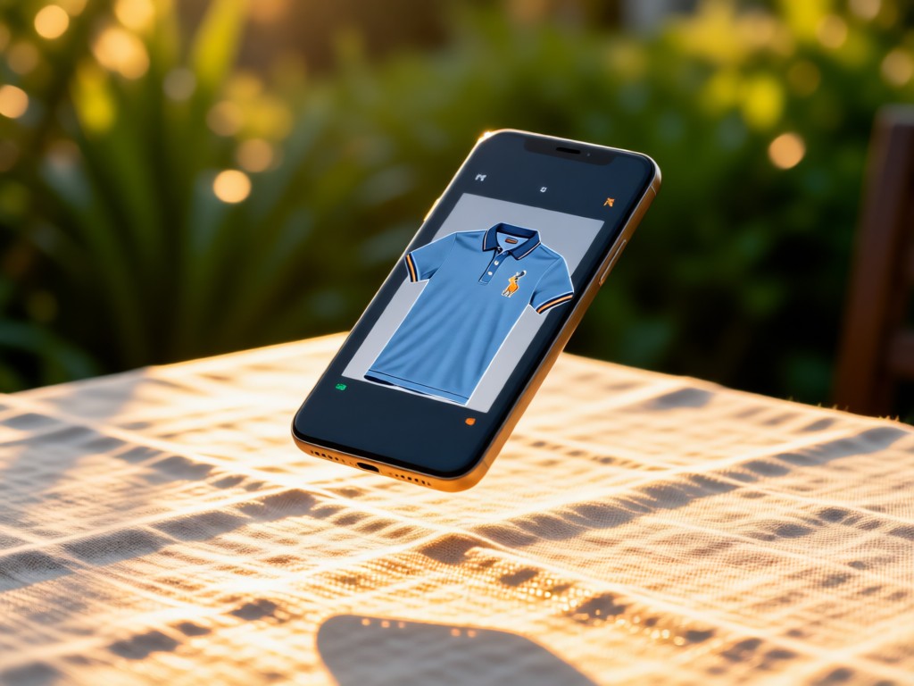 A smartphone displaying a polo shirt grid floating above a linen tablecloth. Golden hour light creates soft reflections. Blurred greenery in background. No people.