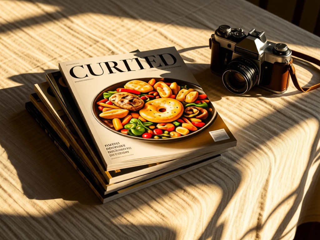 A curated stack of food magazines beside a vintage camera on a linen tablecloth. Golden hour light creates depth through layered shadows. No people.