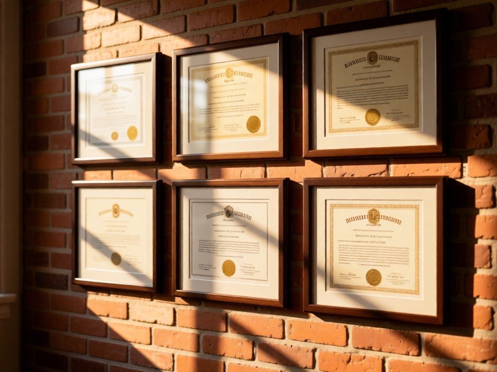 Neatly framed professional certifications hanging on a sunlit brick wall. Soft shadows emphasize the documents' importance. Warm, trustworthy ambiance. No people.